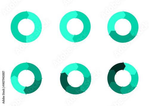 Set of pie chart diagrams. Circles arrow cut separated on1,2,3, 4,5, 6, with empty middle,simple flat design vector illustration.