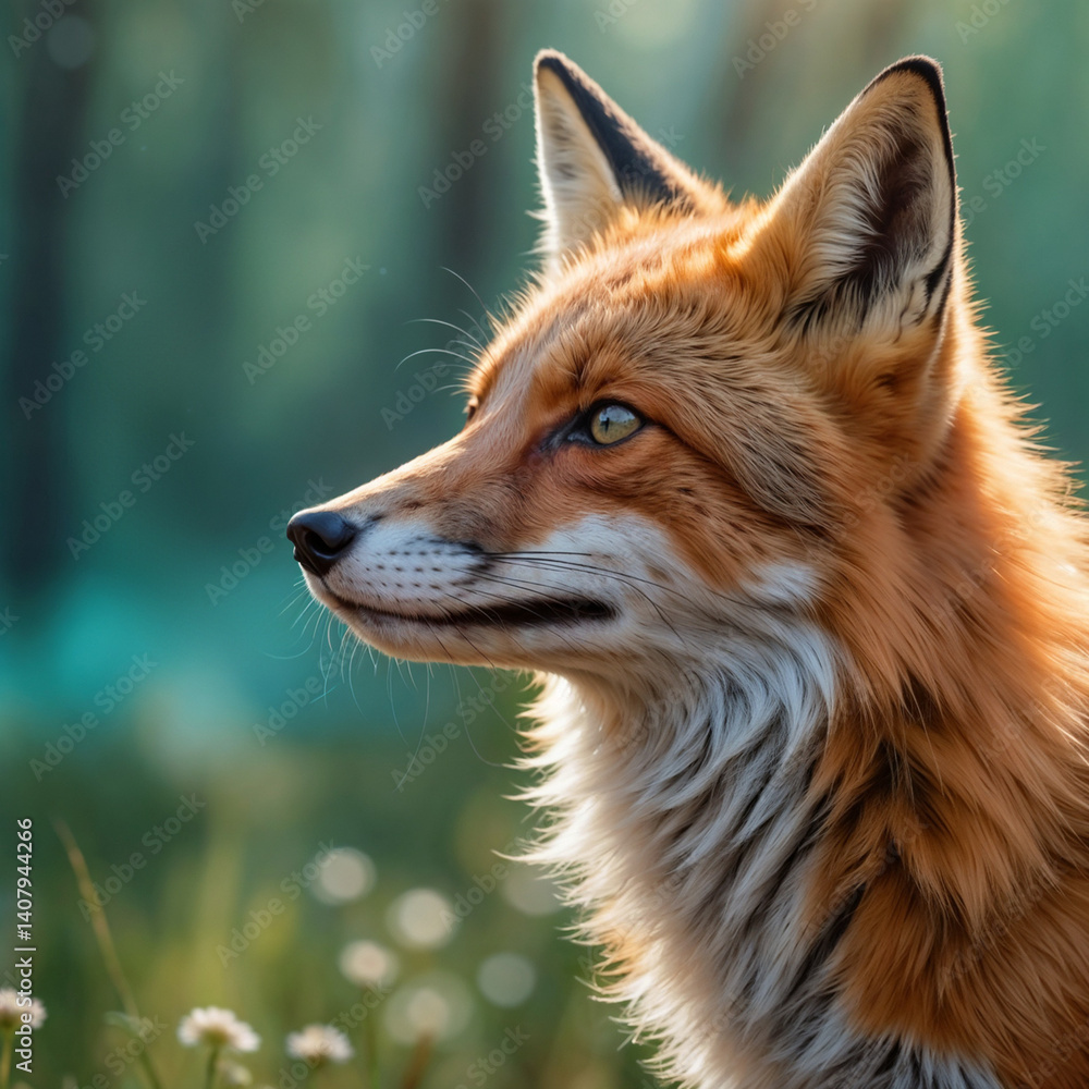 Fototapeta premium Fox observing its surroundings in a vibrant forest background