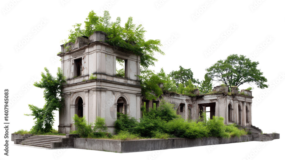 Fototapeta premium Ruins of Time: Witness the silent grandeur of a weathered building, its stone facade now draped with vibrant foliage, evoking a sense of history and nature's reclamation.