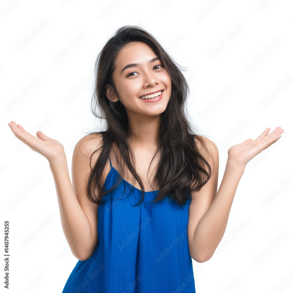 Smiling young woman with open arms, happy expression, friendly and inviting against white background Smiling young woman with open arms, happy expression, friendly and inviting against white background
