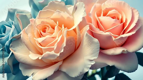 Soft hues of blooming roses create a serene atmosphere in a tranquil garden setting with gentle sunlight playing through petals Generative AI