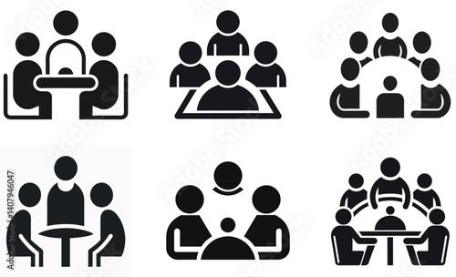 Group Meeting and Collaboration Icons, People Silhouettes for Business