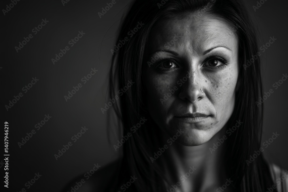 Captivating female portrait with striking expression in black and white lighting setting Captivating female portrait with striking expression in black and white lighting setting