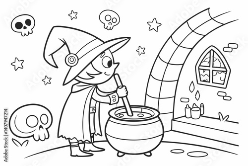 Coloring Pages, An evil witch concocting a potion, colorless, black and white