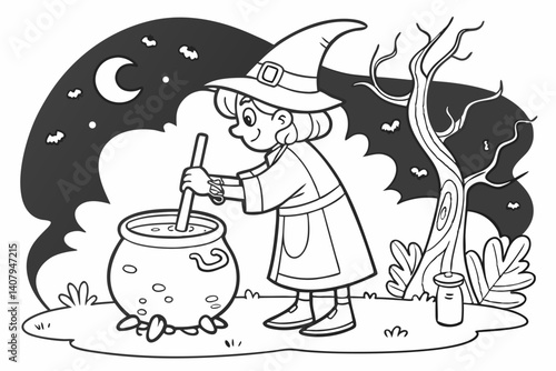 Coloring Pages, An evil witch concocting a potion, colorless, black and white