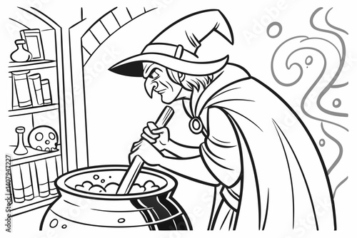 Coloring Pages, An evil witch concocting a potion, colorless, black and white