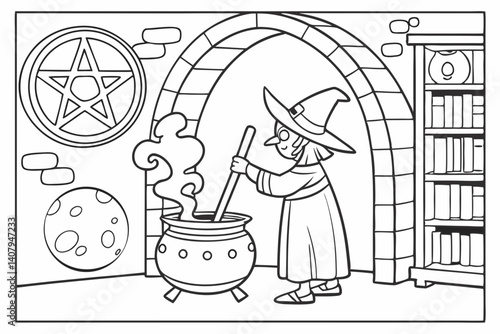 Coloring Pages, An evil witch concocting a potion, colorless, black and white