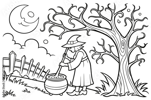 Coloring Pages, An evil witch concocting a potion, colorless, black and white