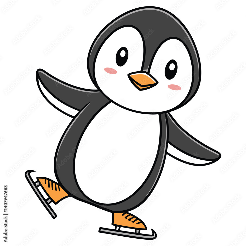 Fototapeta premium Cartoon Penguin on Skates With Outstretched Wings and Transparent Background