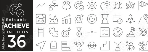 Goal and Achievement Icon Set in Line Style: Includes Target, Success, Strategy, Mission, Career Growth, and Leadership Symbols. Editable Stroke.