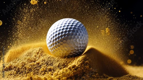 A close-up of a golf ball emerging from a sandy bunker with dust particles illuminating in sunlight