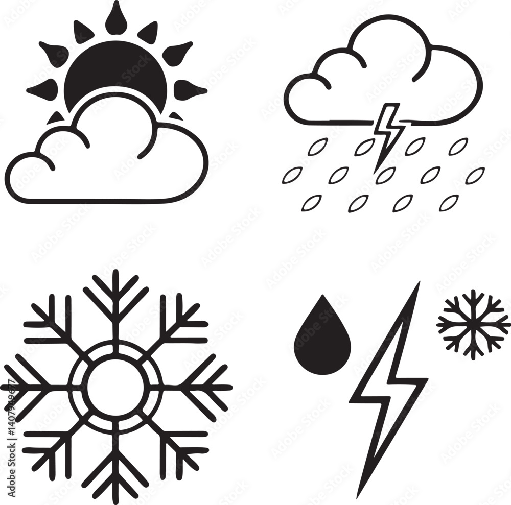 Weather Symbol Collection – Rain, Thunder, Snowflake, Sun, Cloud, Lightning Icons Weather Symbol Collection – Rain, Thunder, Snowflake, Sun, Cloud, Lightning Icons