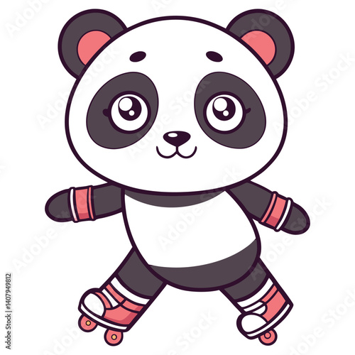 Cartoon Panda Character on Roller Skates Skating with Transparent Background