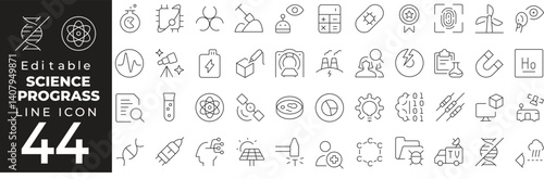 Science and research Icon Set in Line Style: Includes Analysis, Innovation, Science, Marketing, Strategy, and Growth Elements. Editable Stroke."