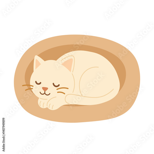 Vector illustration of a cute light cat peacefully sleeping curled up in a soft pet bed.
