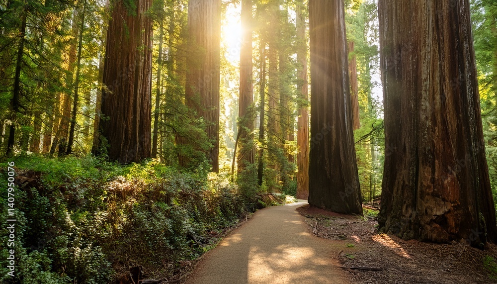 Fototapeta premium sunlight through redwood trees on a path in the redwood forest