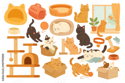 Vector illustration set with cute cartoon cats and pet items: toys, beds, scratchers, bowls, boxes.