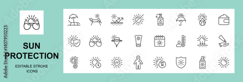 Sun protection icon set. UV, SPF, UV ray, shield, sun, sunblock, sunscreen, sunglasses, parasol icon.  Editable stroke.
