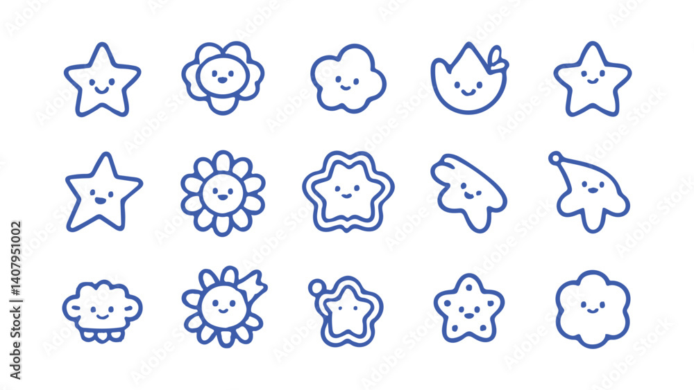 Charming Blue Line Icons A Playful Collection of Smiling Stars, Flowers, and Clouds, Perfect for Whimsical and Lighthearted Design Projects. Charming Blue Line Icons A Playful Collection of Smiling Stars, Flowers, and Clouds, Perfect for Whimsical and Lighthearted Design Projects.