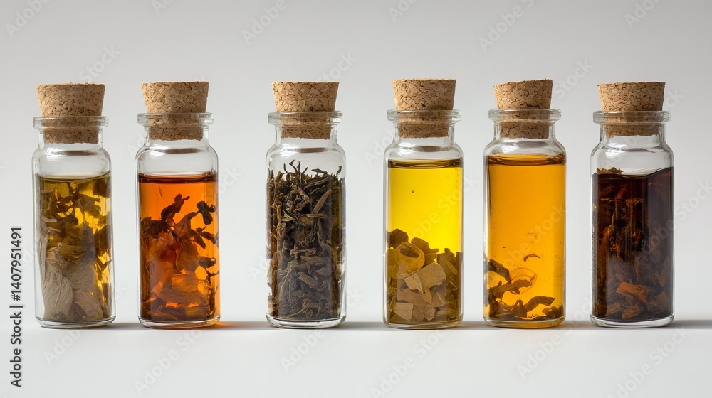 Assortment of glass bottles filled with various liquids and herbs displayed on a white background surface Assortment of glass bottles filled with various liquids and herbs displayed on a white background surface