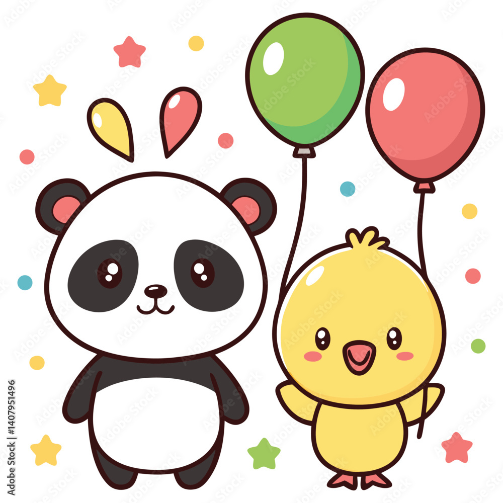 Obraz premium Cartoon Panda Bear and Yellow Chick Holding Balloons on a White Background