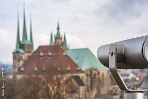 Wallpaper Mural Tourist Telescope Facing Erfurt Cathedral and Severikirche on a Cloudy Day, Germany, Erfurt Torontodigital.ca