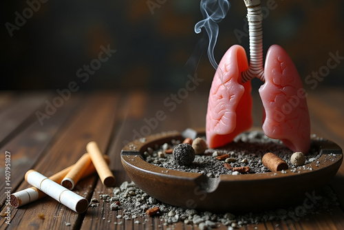 World no tobacco day. Smoking prevention. Lungs and cigarettes. Ashtray with cigarette butts. Concept of breathing health and life.