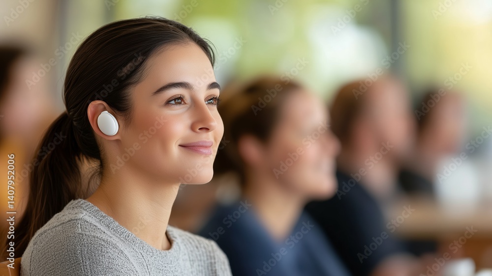 Young woman enjoying educational experience in modern learning environment with wireless earbuds Young woman enjoying educational experience in modern learning environment with wireless earbuds