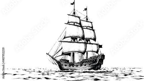 Engraved pirate ship vector illustration. Vintage monochrome etching of a classic vessel.