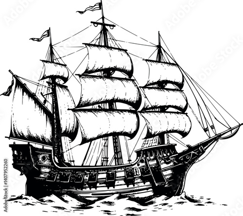 Engraved pirate ship vector illustration. Vintage monochrome etching of a classic vessel.