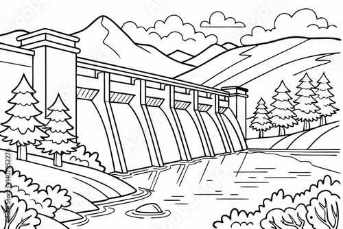 Coloring Pages, Beautiful dam scenery, colorless, black and white