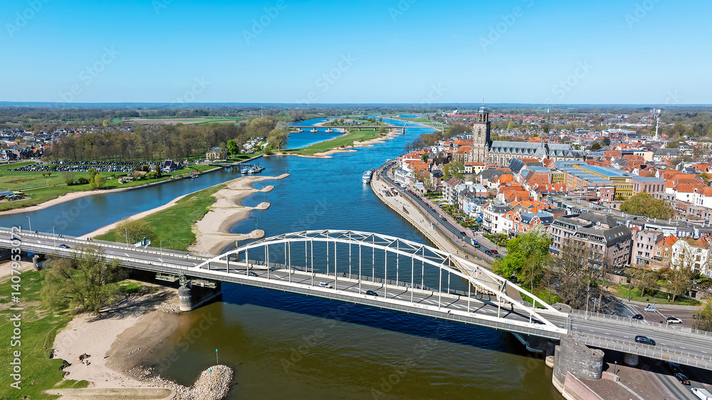 Naklejka premium Aerial from the city Deventer with the Wilhelmina bridge in the Neherlands