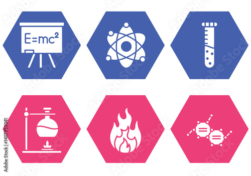 Six science-related icons representing fundamental concepts in chemistry and physics.