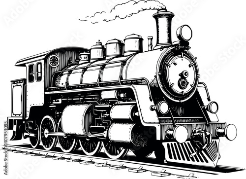 Engraved steam locomotive vector illustration. Vintage train etching highly detailed.