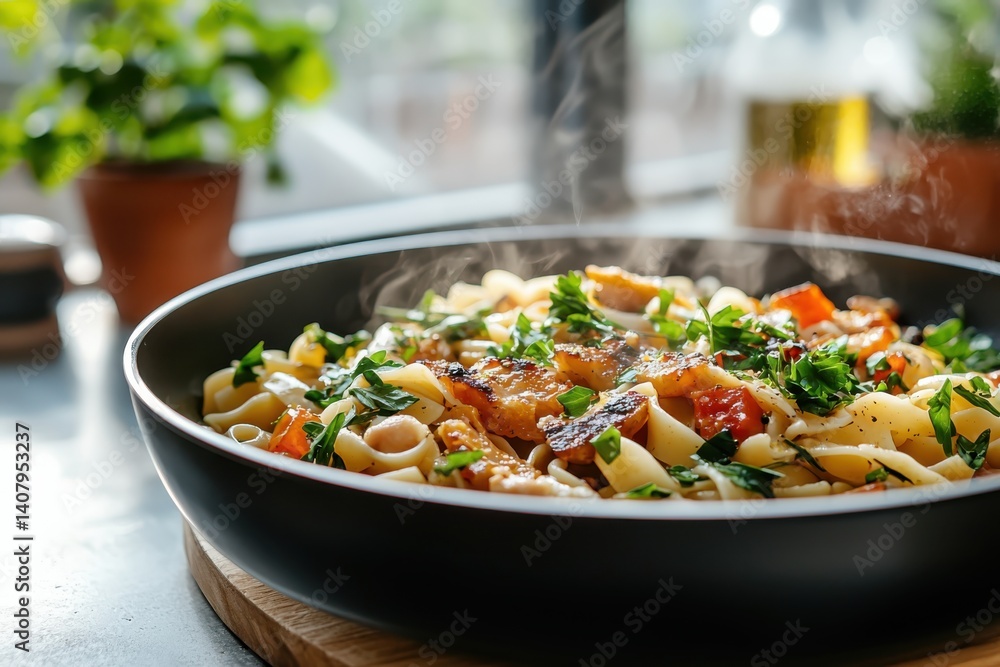 Delicious pasta dish home kitchen food photography warm environment wide angle culinary concept Delicious pasta dish home kitchen food photography warm environment wide angle culinary concept