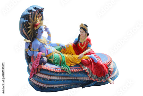 фотографія Indian religious sculpture of god Vishnu lying on snake Ananta and goddess Lakshmi isolated on white background