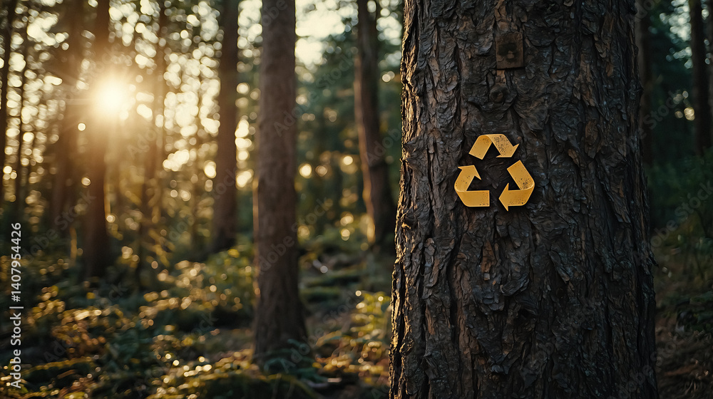 Naklejka premium Environmental responsibility Tree with recycle symbol in sun drenched forest evokes conservation
