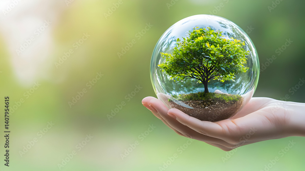 Hand Holding Glass Sphere With Tree Sapling In Lush Green Background Hand Holding Glass Sphere With Tree Sapling In Lush Green Background
