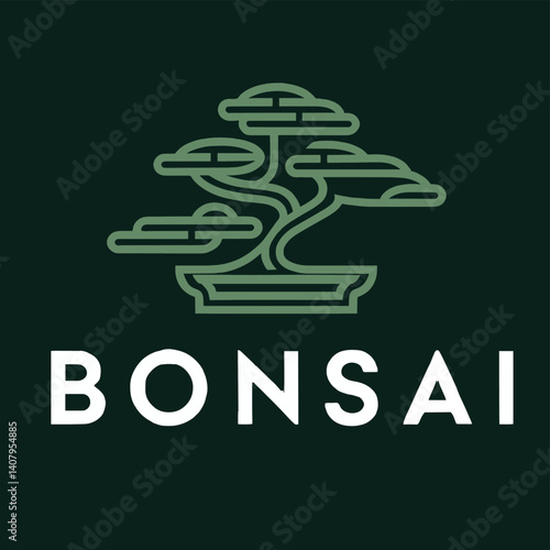 Minimalist logo design featuring a stylized bonsai tree.