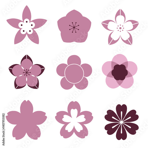 Nine stylized representations of delicate pink cherry blossoms.