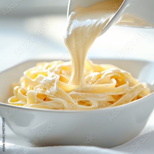 Silky cream poured over pasta bright kitchen closeup food photography smoothness focus realistic texture