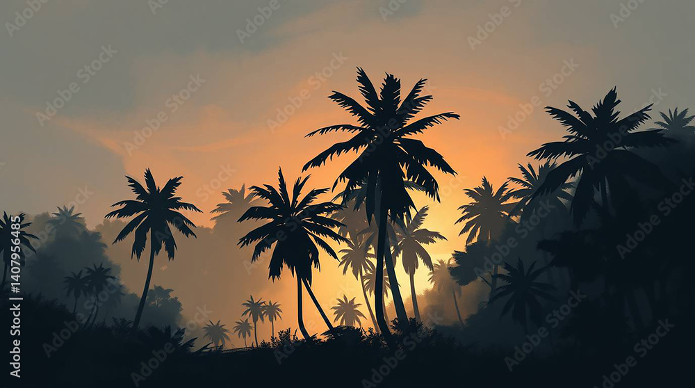 Fototapeta premium Tropical forest landscape , Trees and leaves wallpaper , 3D Tropical wallpaper , 3D illustration