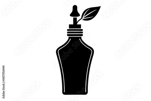 Silhouette of bottle with leaf and dispenser