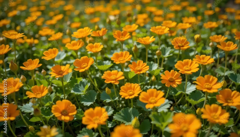 Blooming Field of Gold Creeping Buttercup Flowers and Green Foliage Blooming Field of Gold Creeping Buttercup Flowers and Green Foliage