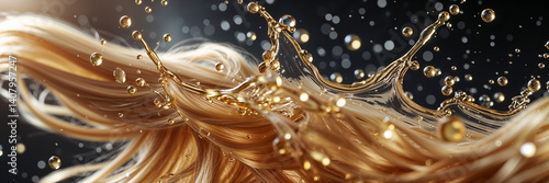 close up blonde hair, oil drops, hair care concept