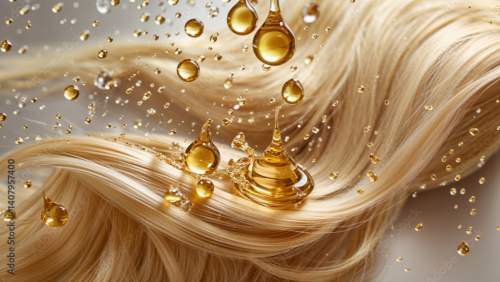 close up blonde hair, oil drops, hair care concept