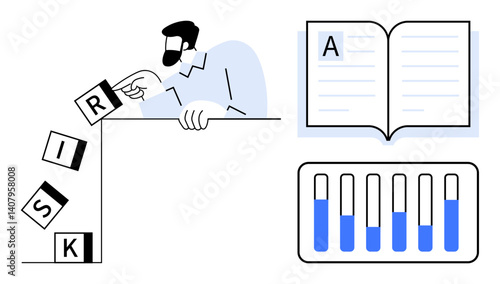 Man positions falling risk blocks, open book highlights learning, bar chart shows data analysis. Ideal for risk management, education, analysis, problem-solving, decision-making, strategy simple