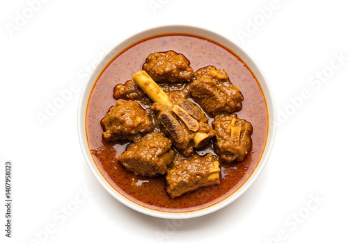 Mutton curry served in bowl on white background