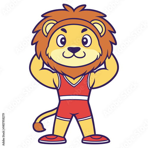 Cartoon Lion Mascot Flexing Muscles in Red Sportswear on Isolated White Background