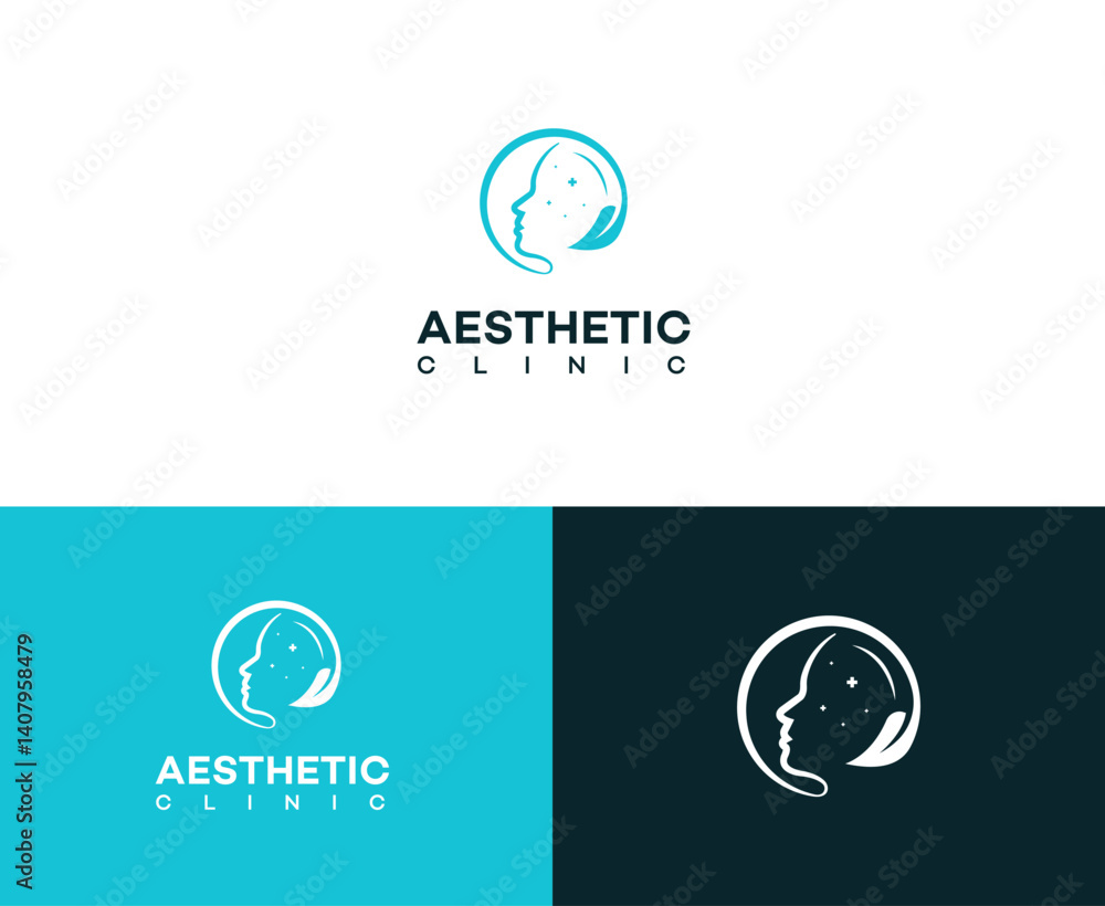 Aesthetic Clinic Logo Design Elegant Face, Leaf, and Stars Aesthetic Clinic Logo Design Elegant Face, Leaf, and Stars